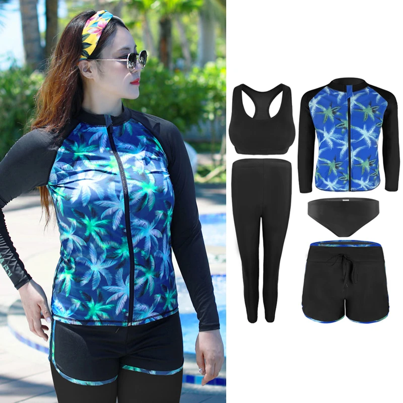 

2023 Korean Plus Size Women Spilt Sports Swimwear Rashguard Sun Protector Long Sleeve Conservative Surfing Swimwear Holiday Suit