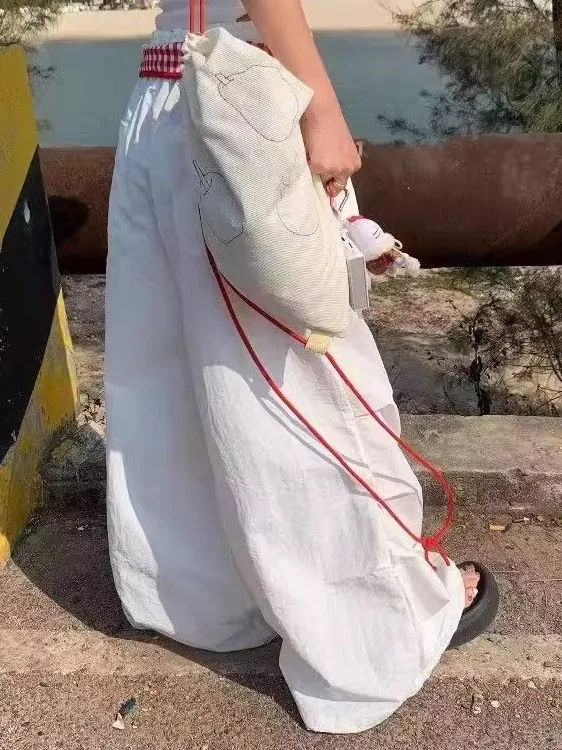 Summer American Retro Fake Two-Piece Wide Leg Paratrooper Pants Women's Versatile Design Pleated Mop Casual Trousers