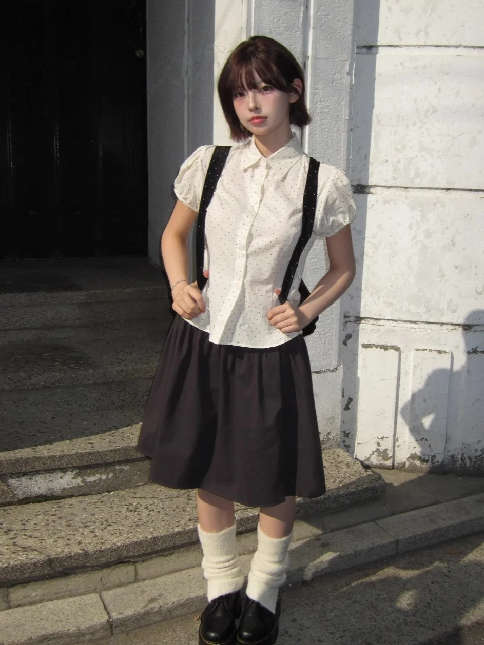 

Sweet Korean Sle Polka Dot Bubble Sve ort Sve irt Women's Top Unique SEI Summer Slimming Age-Defng Blouse