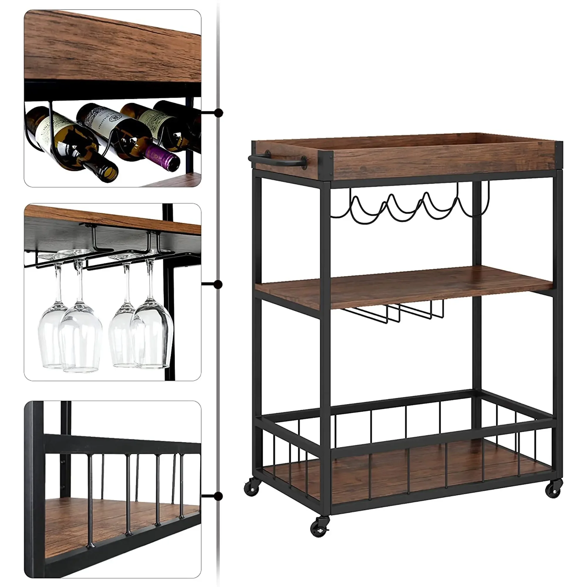Bar Cart for Home Mobile Wood Metal Kitchen Serving Cart Storage Rolling Storage Cart with Drawers