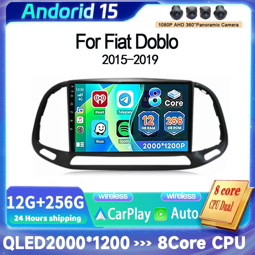 أندرويد 15 Carplay راديو السيارة لشركة فيات دوبلو 2015 2016 2017 2018 2019 2020 نظام تحديد المواقع الوسائط المتعددة مشغل فيديو ستيريو واي فاي + 4G 360 كاميرا