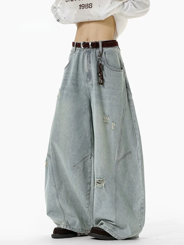 

MMOPTOP American Style Trendy Brand Men's Loose Fit Distressed Denim Wide Leg Pants Street Casual Style Cotton Jeans