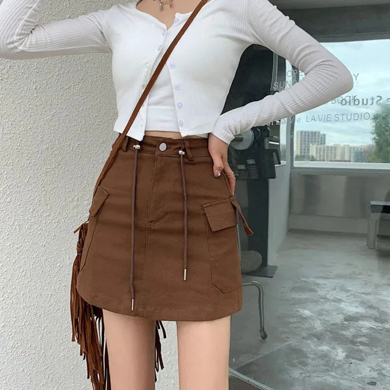 Women Army Green Short Skirt Denim Cargo Drawstring High Waist Mini Skirts Female Y2K Streetwear Big Pocket A-Line Skirts Clothe