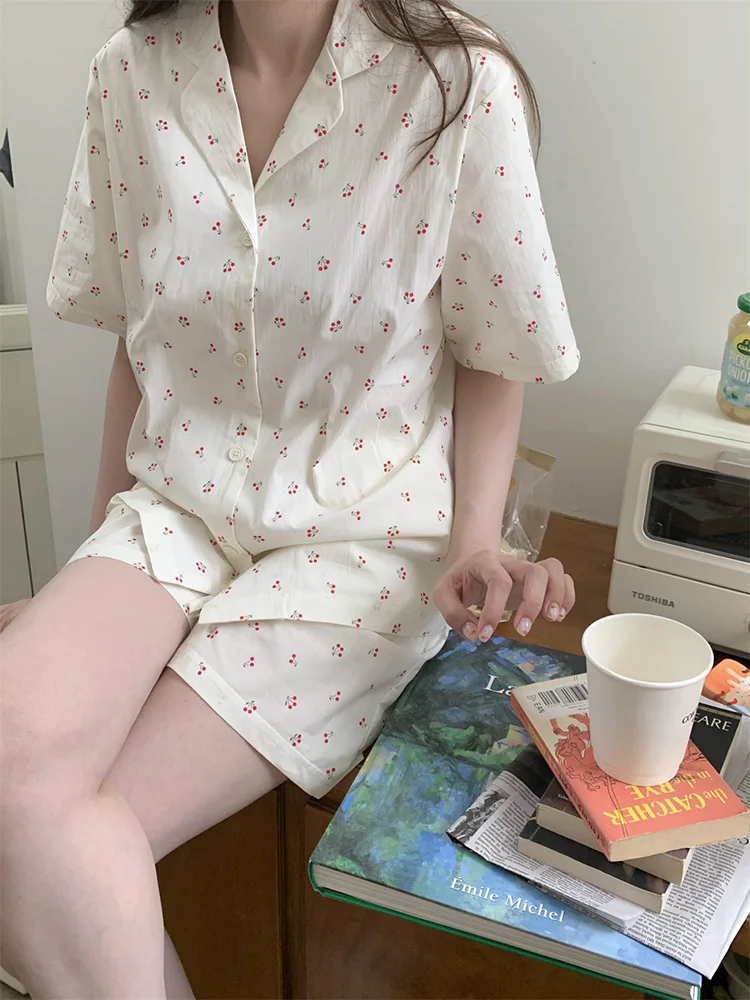 Cherry Print Summer Simple Cotton Sweet Short Sleeve Lapel Pajama Set Women Girlish Style Loose Soft Casual Lazy Sleep Tops Ins