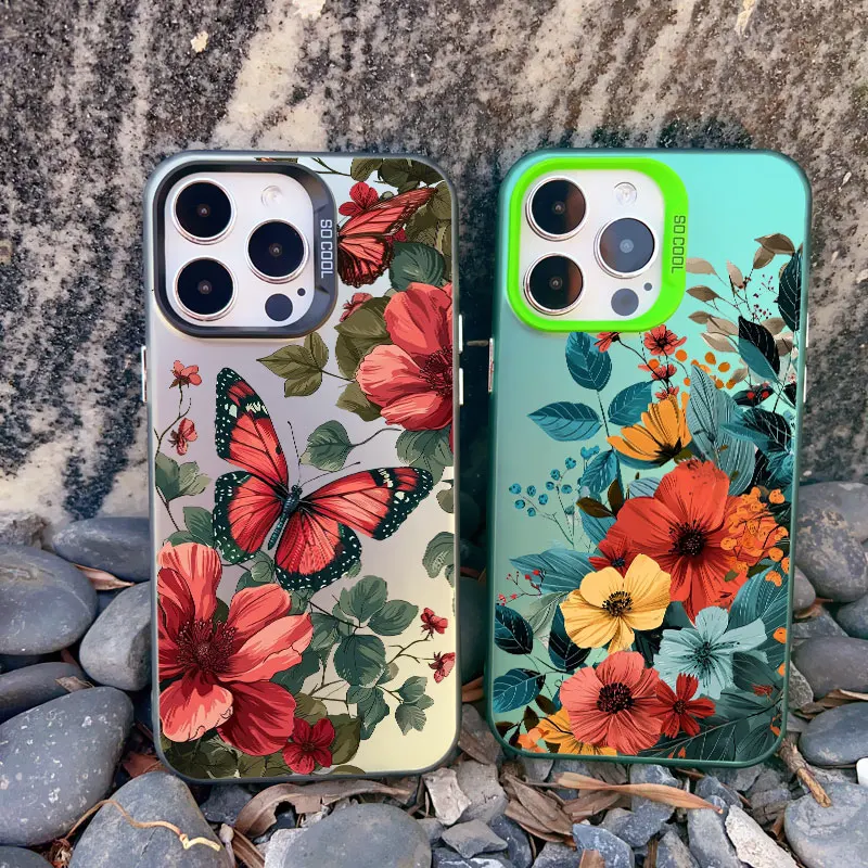 Vintage Flower Phone Case For iPhone 16 15 14 Pro Max 12 11 13 Pro Max Mini 14 15 16 Plus Butterfly Plant Shockproof Laser Cover