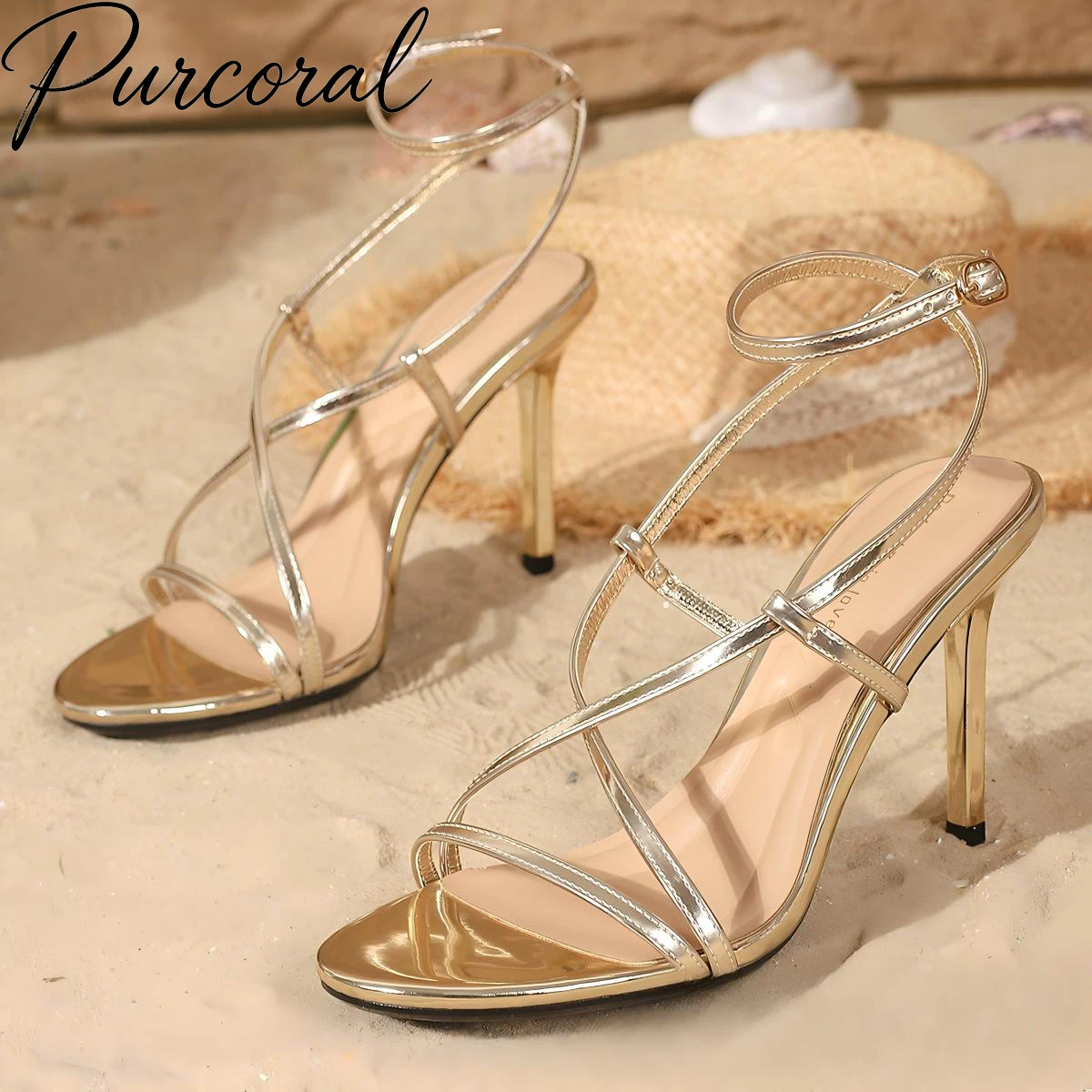 Purcoral Women Metallic Gold Cross Thin Strap Sandals Square Open Toe Stiletto Ankle Buckle High Heels 2026 Summer Heels