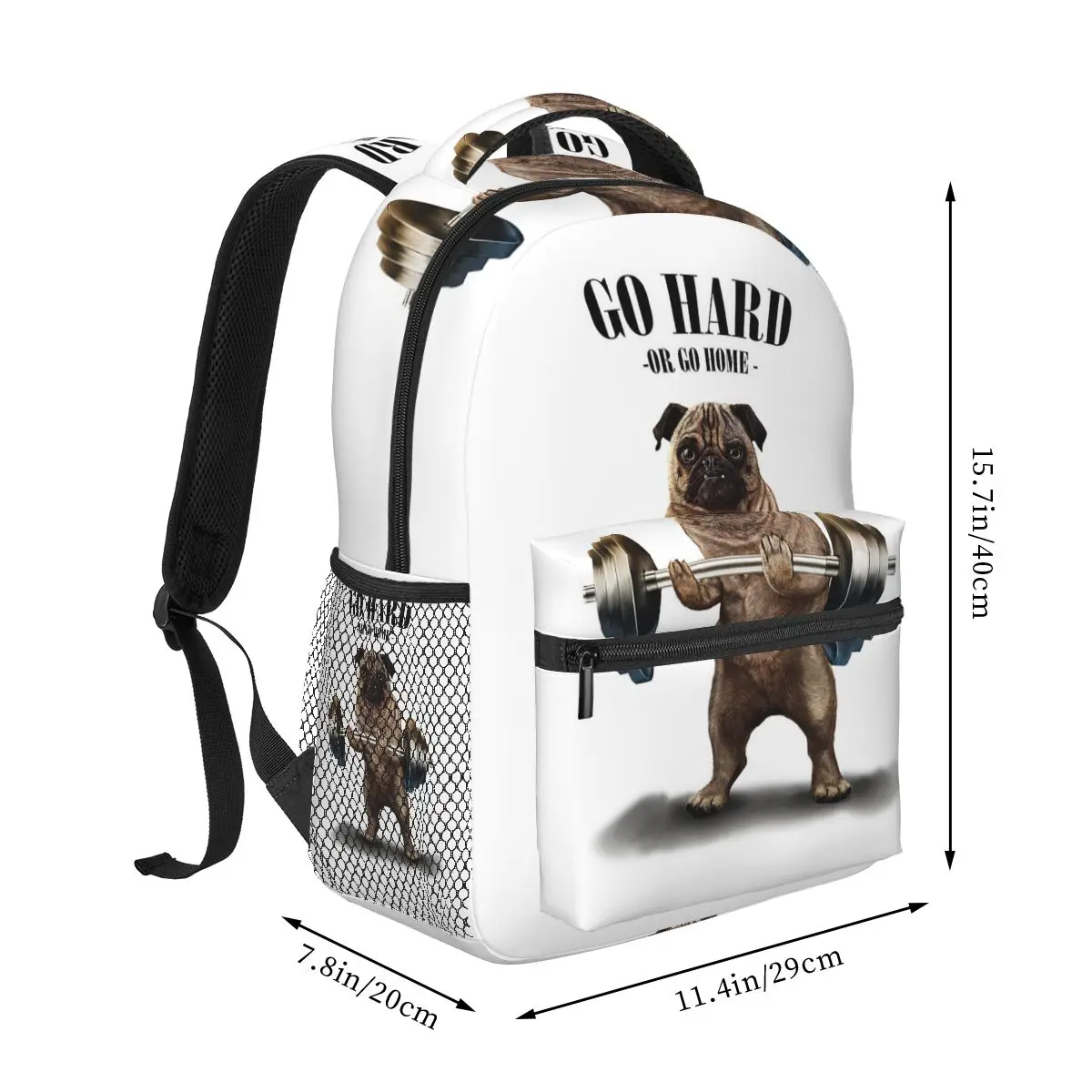 Masculine Pug Weightlifting Go Hard Or Go Home Macho Dog Backpacks Boys Girls Bookbag Students School Bag Rucksack Shoulder Bag