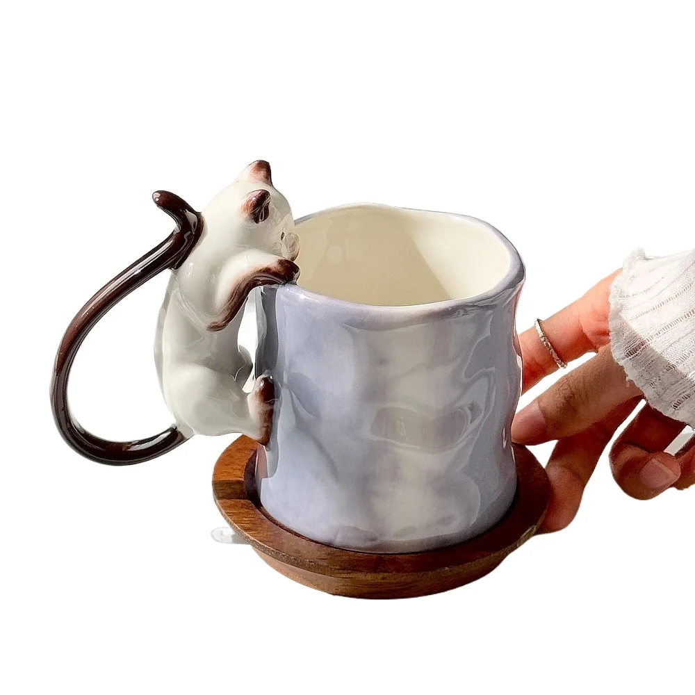 Retro Handmade Three-dimensional Siamese Cat Gradual Change Purple Mug Ceramic Cup Large Capacity Water Cup Coffee Cup