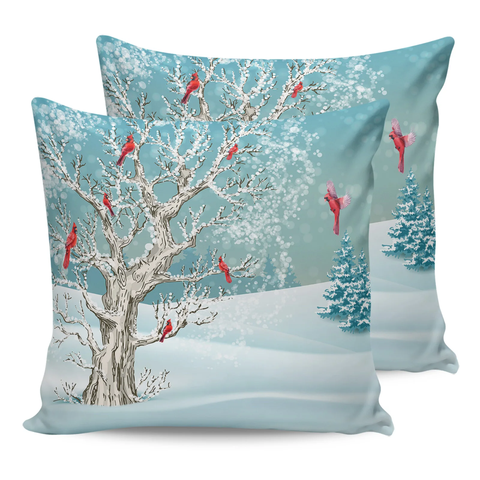 Christmas Winter Tree Snowflake Cardinal Bird 2/4PCS Outdoor Garden Waterproof Cushion Cover Home Decor 45/50/60cm Pillow Case