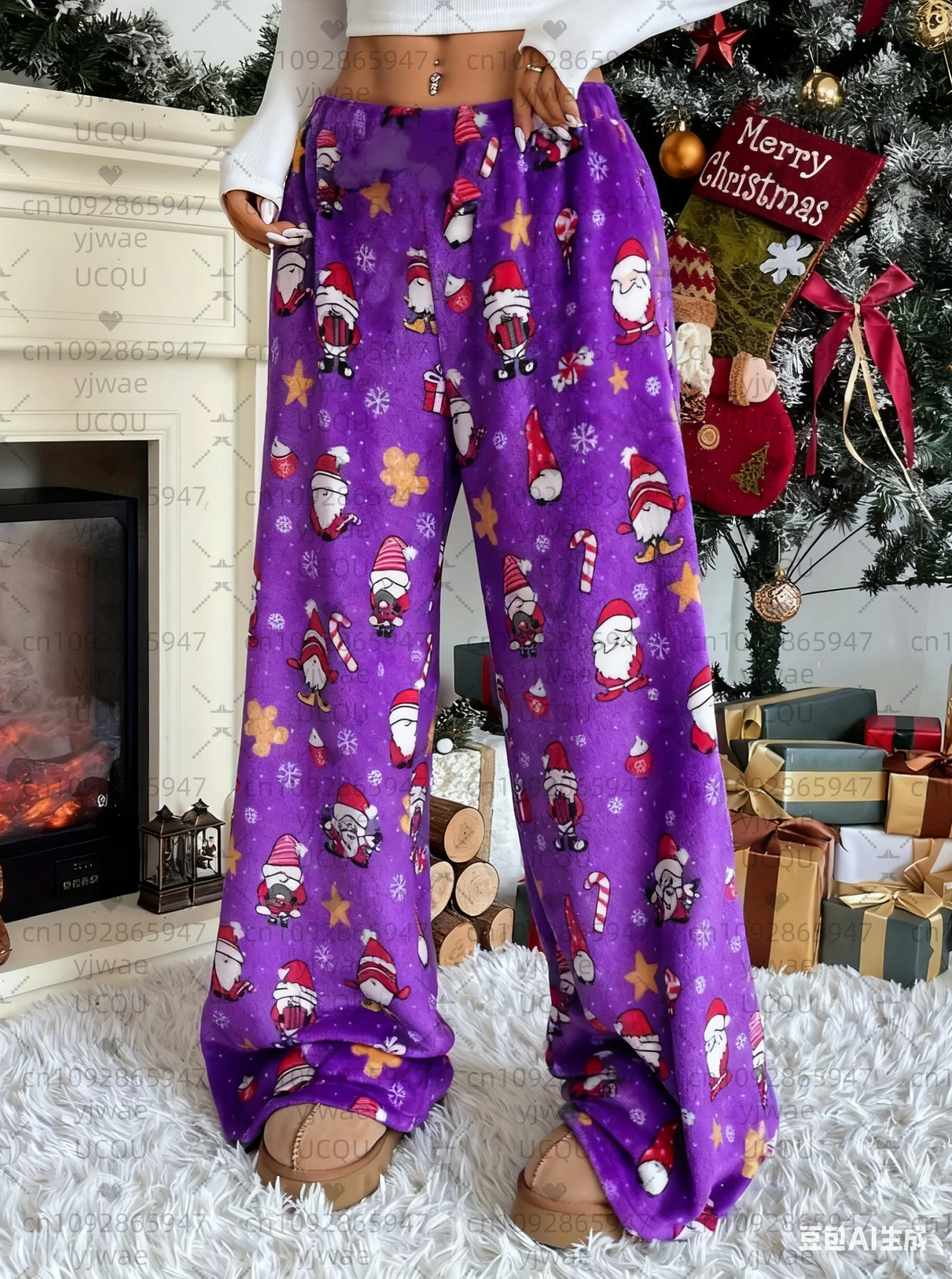 2025, Damen-Pyjamahose mit Weihnachts- und Weihnachtsmann-Aufdruck, lockere Plüschhose – lockere Pyjama-Hose mit Farbblockierung, Damenbekleidung