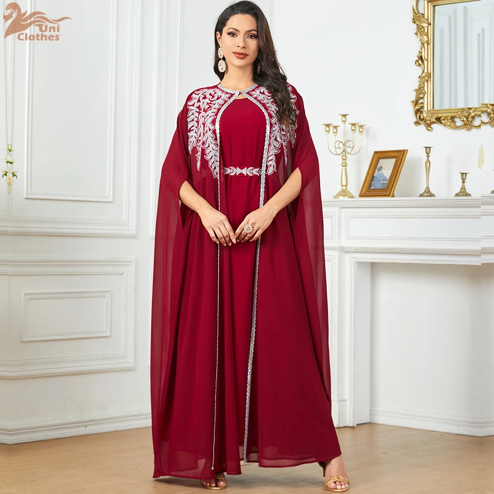 Uni Ramadan Muzułmańskie Eleganckie Haftowane Długie Sukienki Dwa Kawałki Z Szarfami Dubaj Marokańska Kebaya Batwing Sleeve Abayas