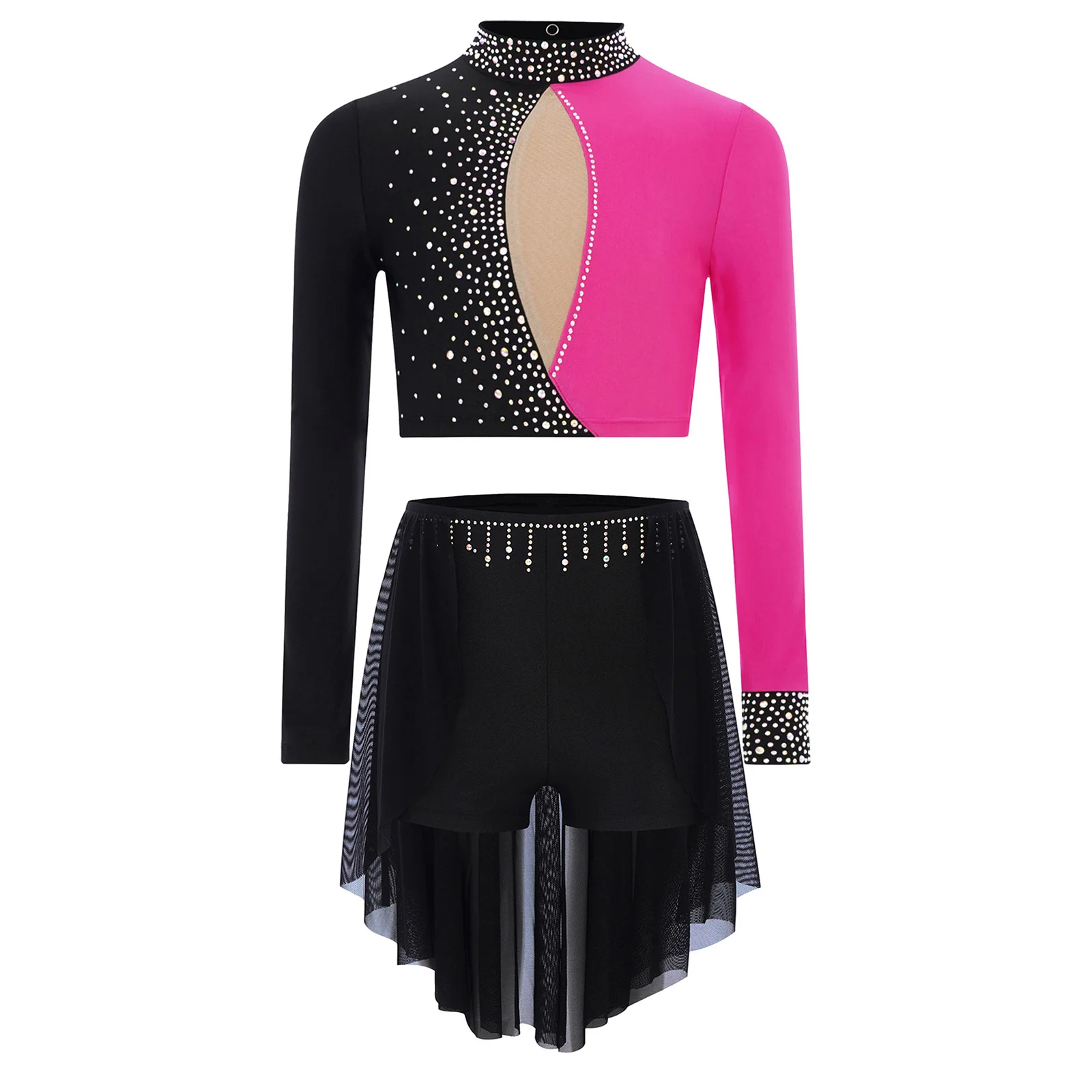 

Kids Girls Lyrical Figure Skating Dance Costume Ballet Dancewear Mock Neck Long Sleeve Sparkly Rhinestones Crop Top with Skirt