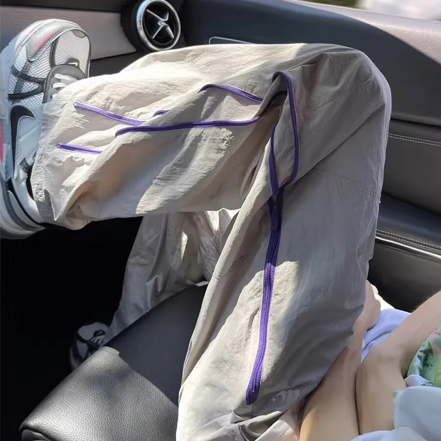 

Повседневные широкие брюки из ледяного шелка с молнией, тонкие летние брюки для отдыха, свободные прямые длинные брюки для мужчин и женщин