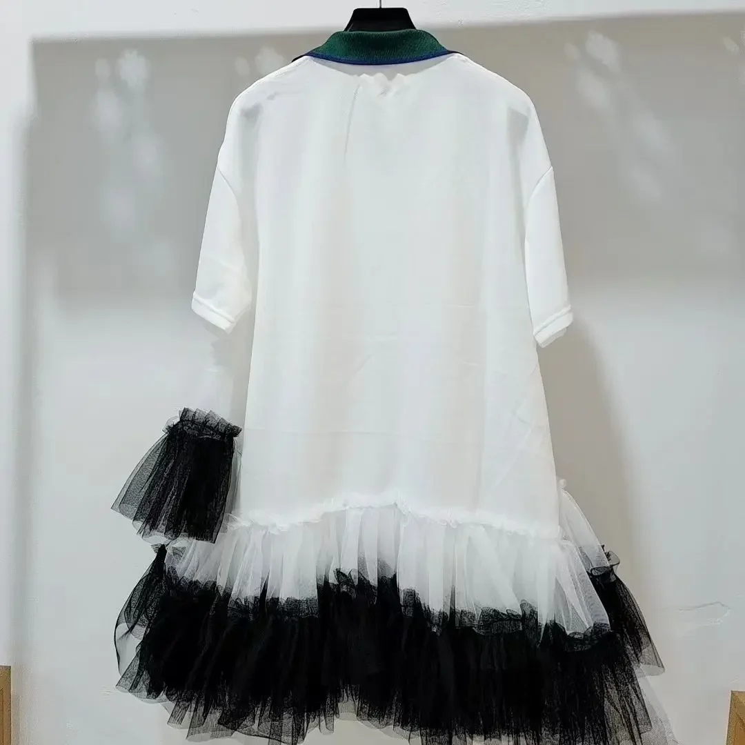 Summer Mesh Splicing Ruffles Short Sleeve T-Shirts Irregular Gauze Stitching Ruched Pleated Tees Letters Printed Jumpers Tops