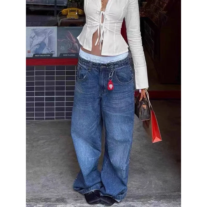 ZHIZOU Women Blue Gothic Y2k Rivet Jeans Harajuku Vintage Hip Hop Denim Trousers Aesthetic 2000s Oversize Boyfriend Jeans Pants