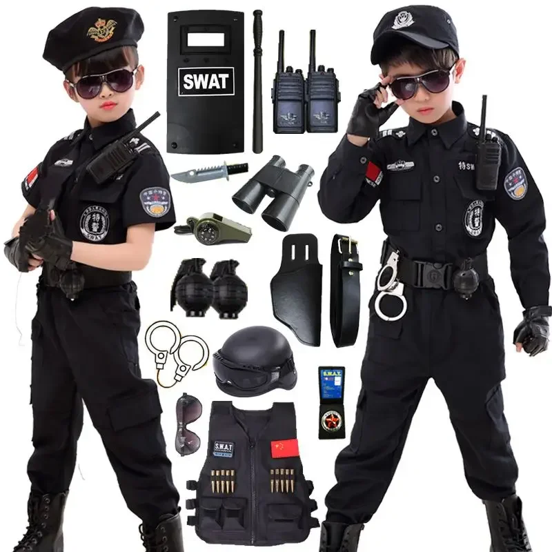 Children Policeman Uniform Cosplay Costumes Kids Police Top Pants Hat Suit Boys Girls Police Clothing Halloween Christmas Gift