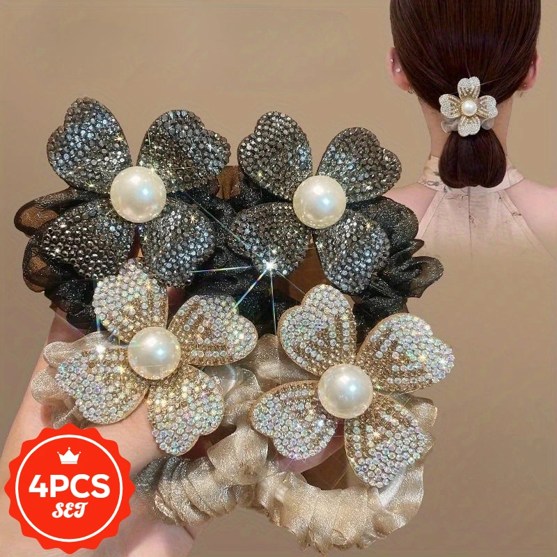 

4Pcs/set Temperament, Hair Tie, Flower Crystal Headband, New Large Intestine Headband, Women's Hair Elastic, Hair Accessory