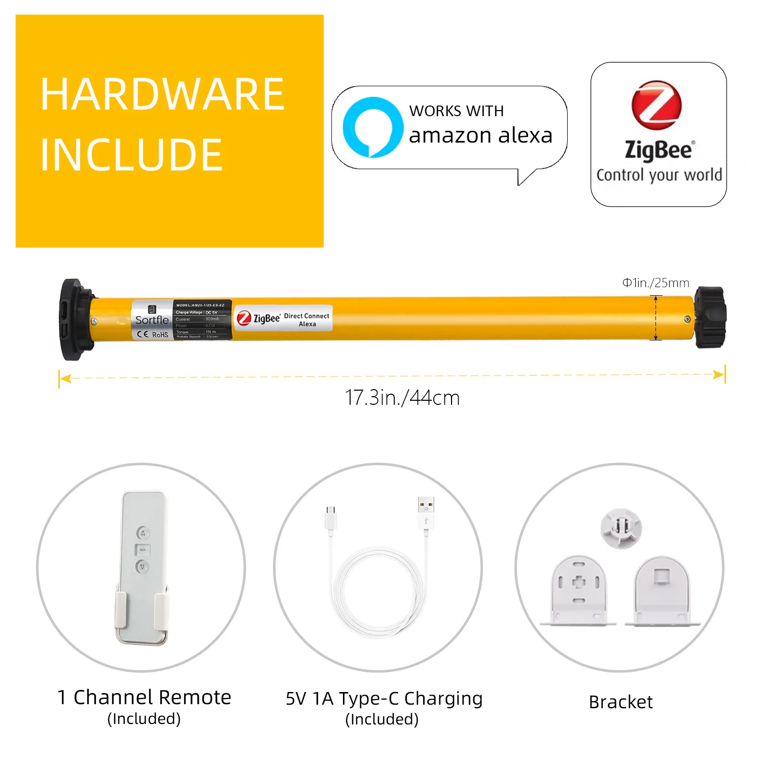 Motor de persianas motorizadas AM25-ES-EZ Zigbee recargable, Motor de persianas inteligentes para tubo de 1,5 \