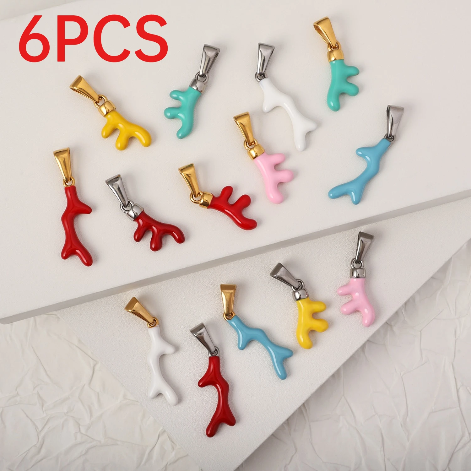6Pcs Stainless Steel Enamel Coral Branch Charms DIY Jewelry Making Pendants For Bracelets Necklaces