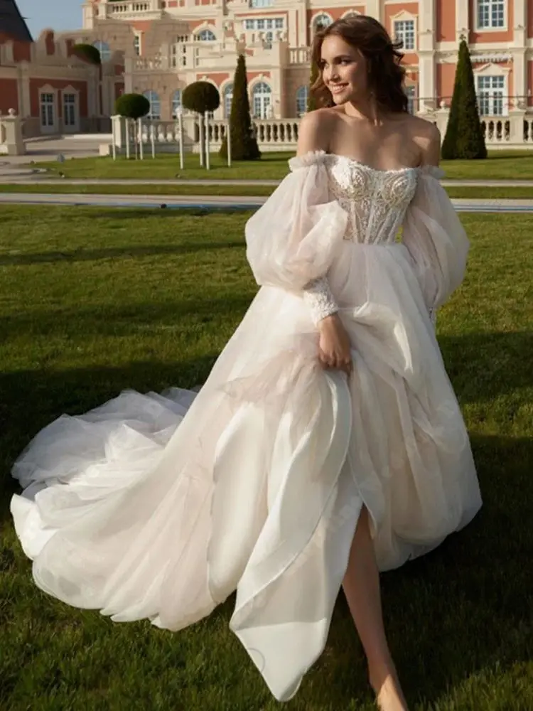 Vestidos de Novia de gasa con hombros descubiertos para mujer, Vestidos de Novia de compromiso Vintage, Vestidos de Novia tradicionales con estampado de flores, 2024