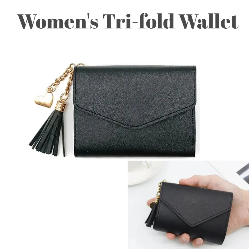 Women's Short Trifold Wallet Tassel Pendant PU Leather Multi Card Slots Coin Pocket Purse Female Mini Slim Clutch Card Holder