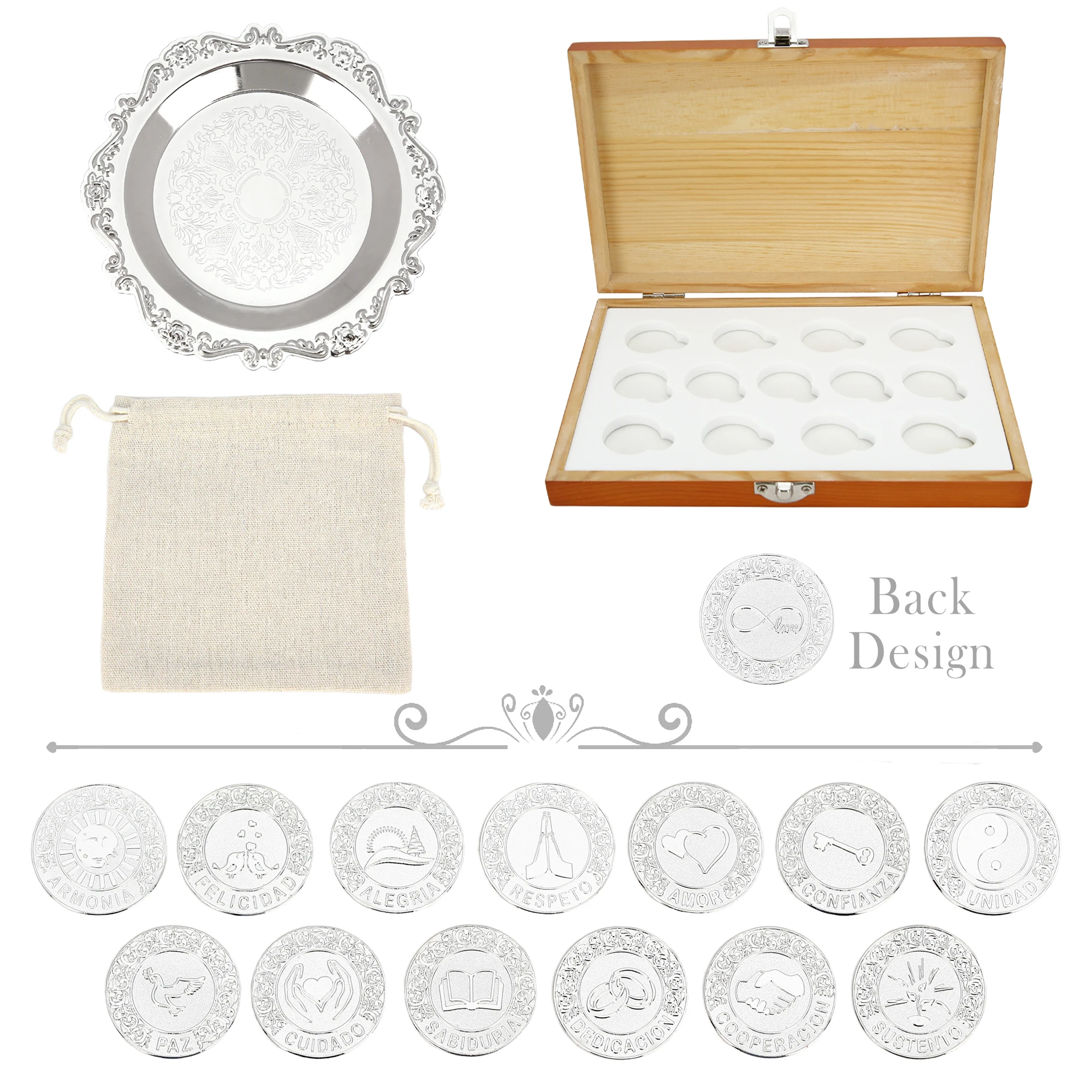 Spanish Wedding Arras Coins Set with Wooden Collection Box for Hispanic Catholic Wedding Ceremony