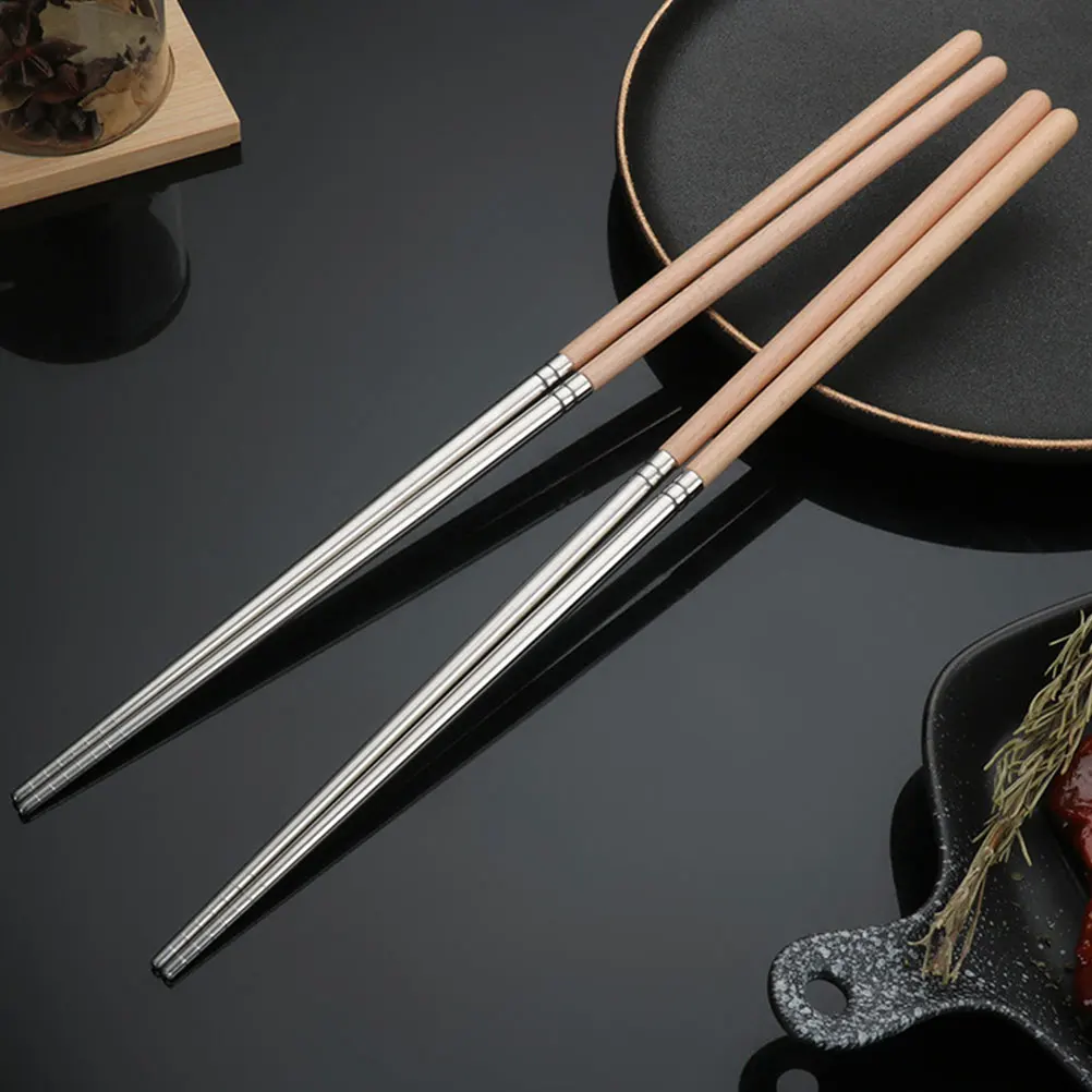 

Extra Long Anti Scald Chopsticks 304 Stainless Steel Beech Wood H Hot Pot Cooking Fry Reusable Kitchen Tool Long Wood H