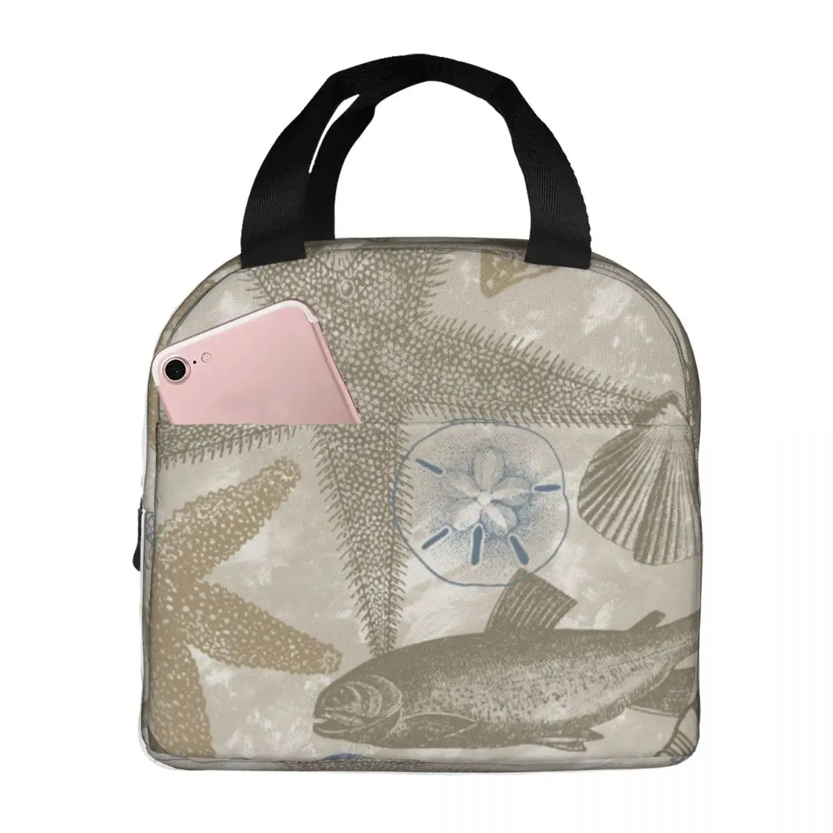 

Lunch Bags for Women Kids Sea Style Beach Insulated Cooler Portable Picnic Travel Seaweed Starfish Canvas Tote Food Bag