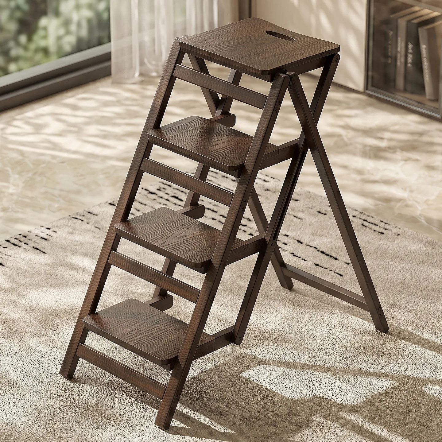 Retro style bamboo and wood multi-layer folding step stool, household folding climbing ladder, bamboo and wood zigzag ladder
