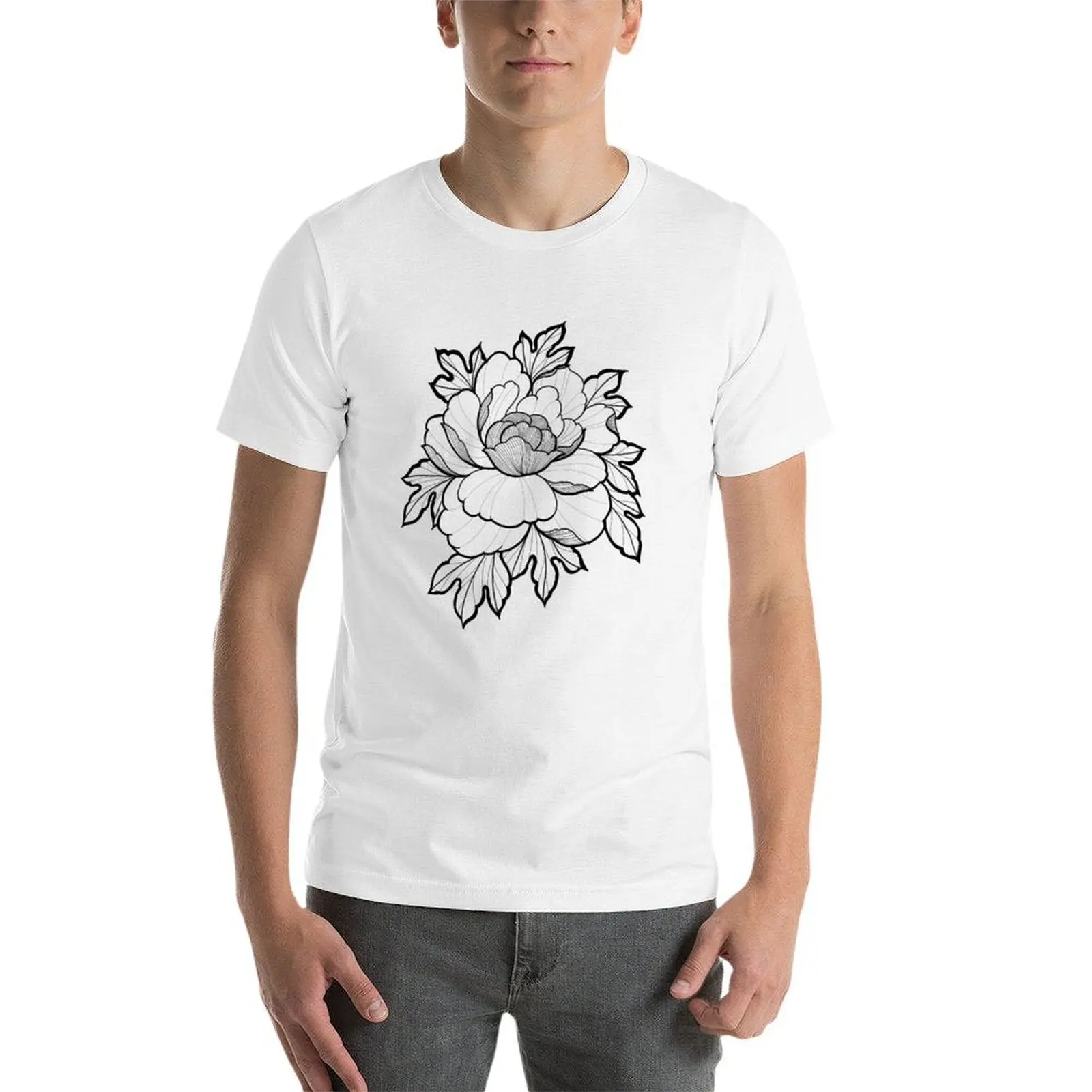 الفاوانيا زهرة الوشم نمط تي شيرت تي شيرت رجل عادية تي شيرت مخصص طباعة رجل تي شيرت القطن تي شيرت