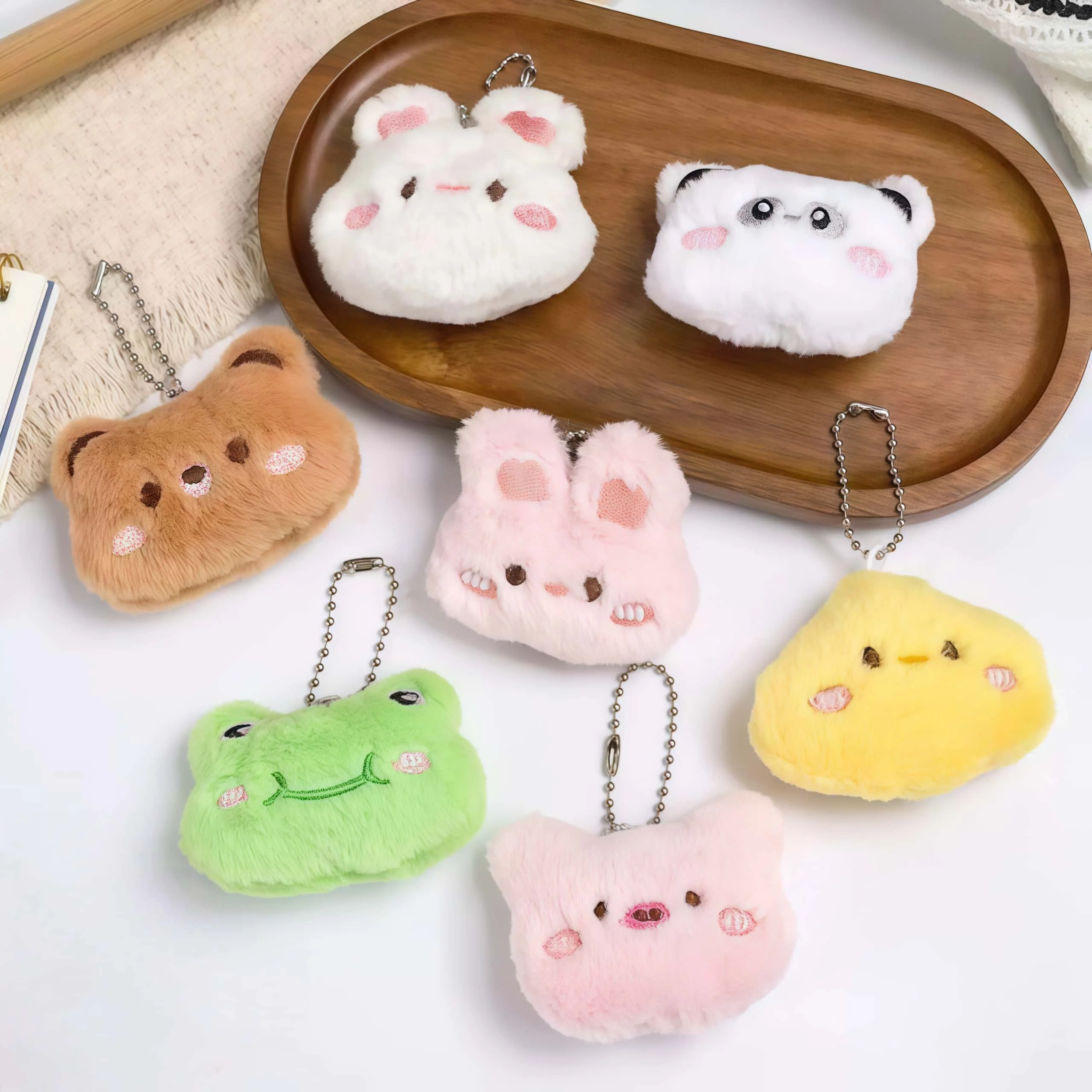Cute Fluffy Animal Plush Keychains, Soft Mini Frog Bear Rabbit Panda Chicken Cat Pendant with Bead Chain for Bag Backpack Decor
