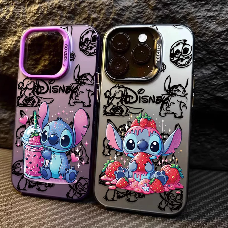 Plating Matte Shockproof Case for iPhone 16 15 14 13 12 11 Pro Max XS X XR 8 7 Plus SE 2020 Disney Stitch Eat Strawberry Cover