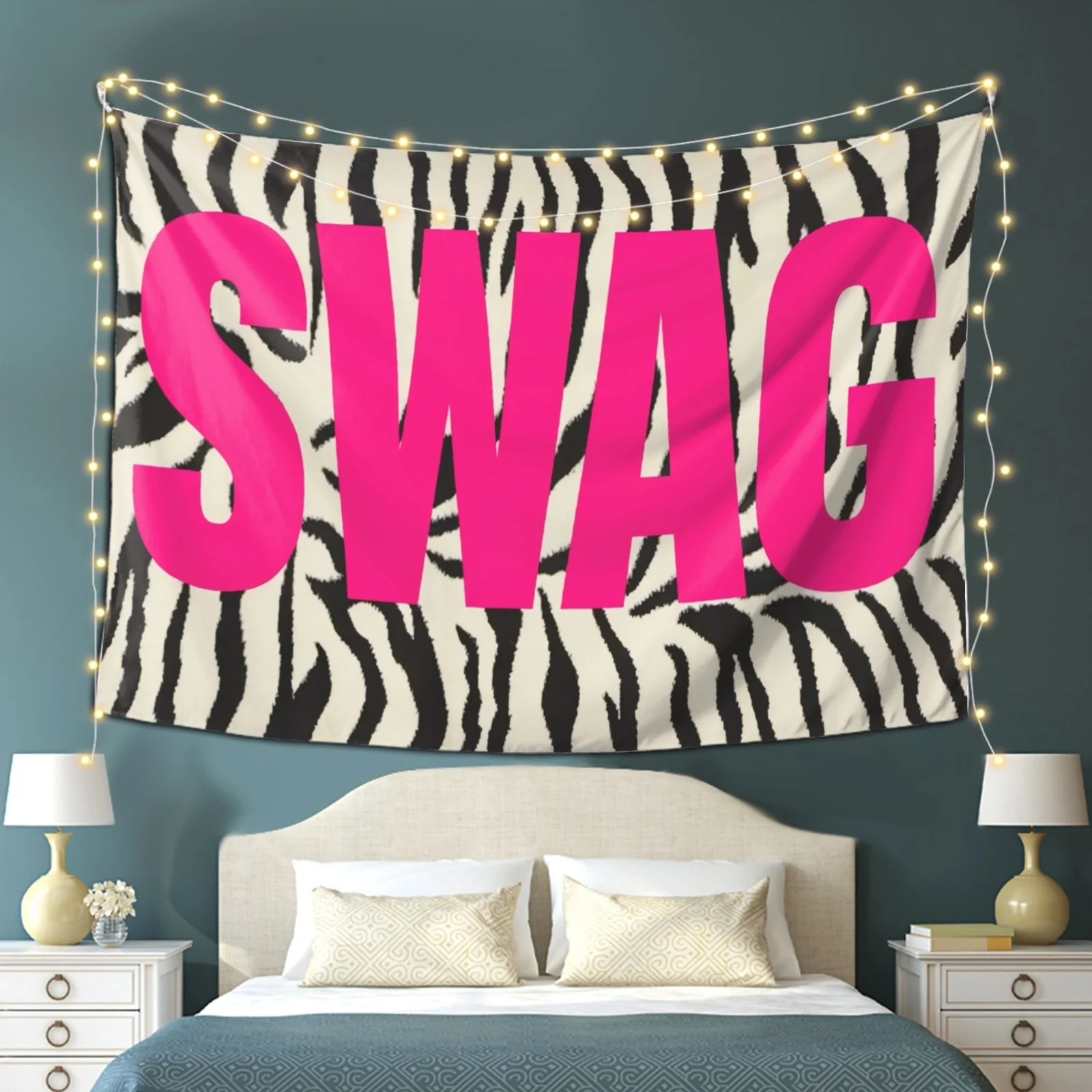 VIKAMA American Hot Girl Style SWAG Zebra Pattern Tapestry Pink Letter Trendy Cool Printed Hanging Cloth Room Decoration view 4