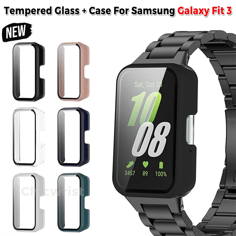 Tempered Glass PC Case For Samsung Galaxy Fit 3 Samrt Watch Strap Full Coverage Bumper  Protective Cover Screen Protector Fit3