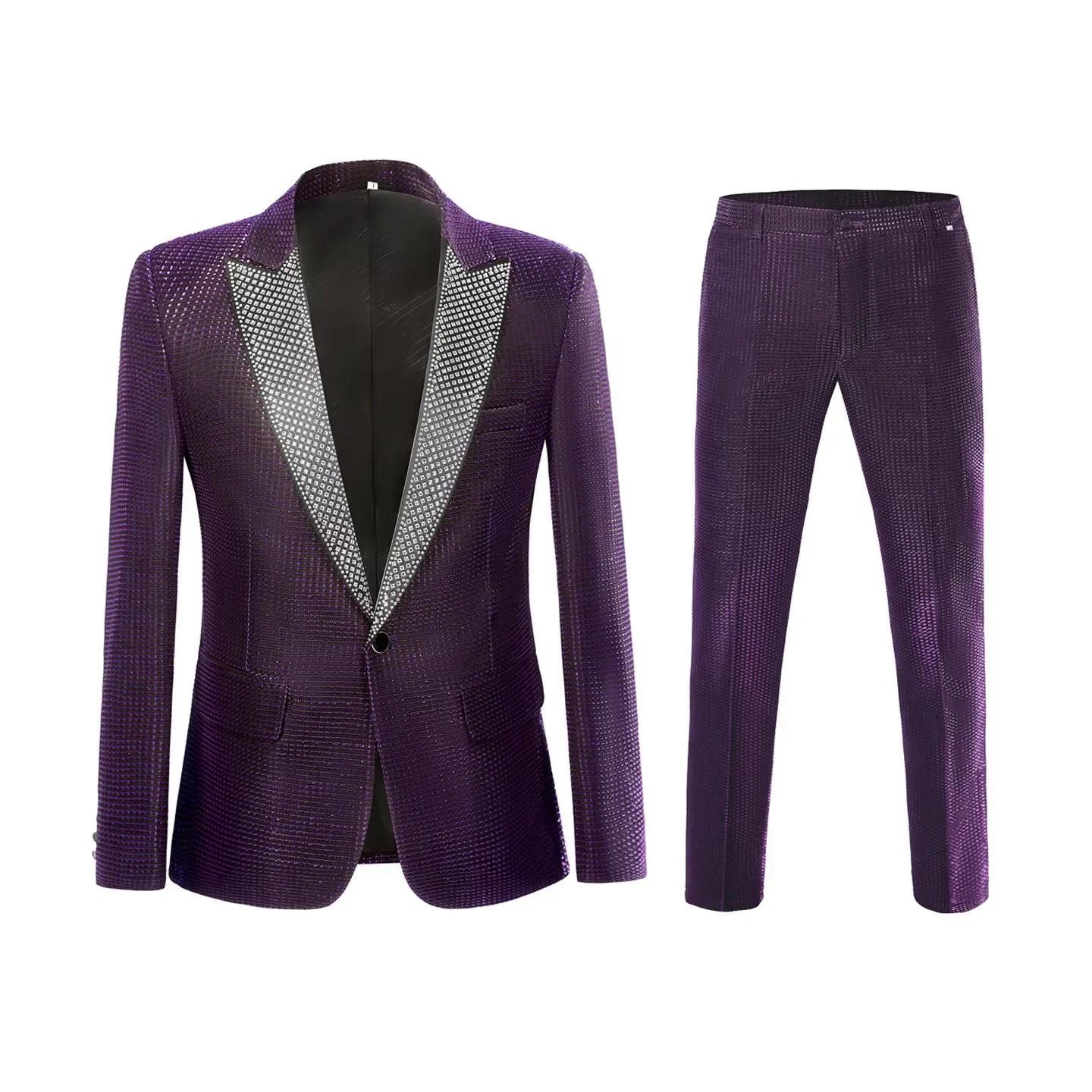 남성 슬림 캐주얼 레드 라인스톤 투피스 세트 신랑 예복 스타일리시 블레이저와 바지 콤보 무대 공연복