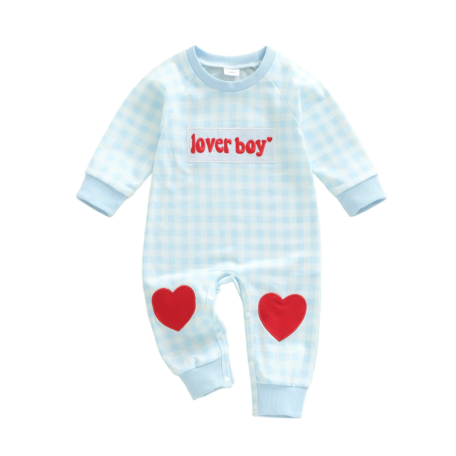 

Valentine s Day Baby Boy Romper Plaid Print Letter Embroidery Long Sleeve Round Neck Full Length Jumpsuit