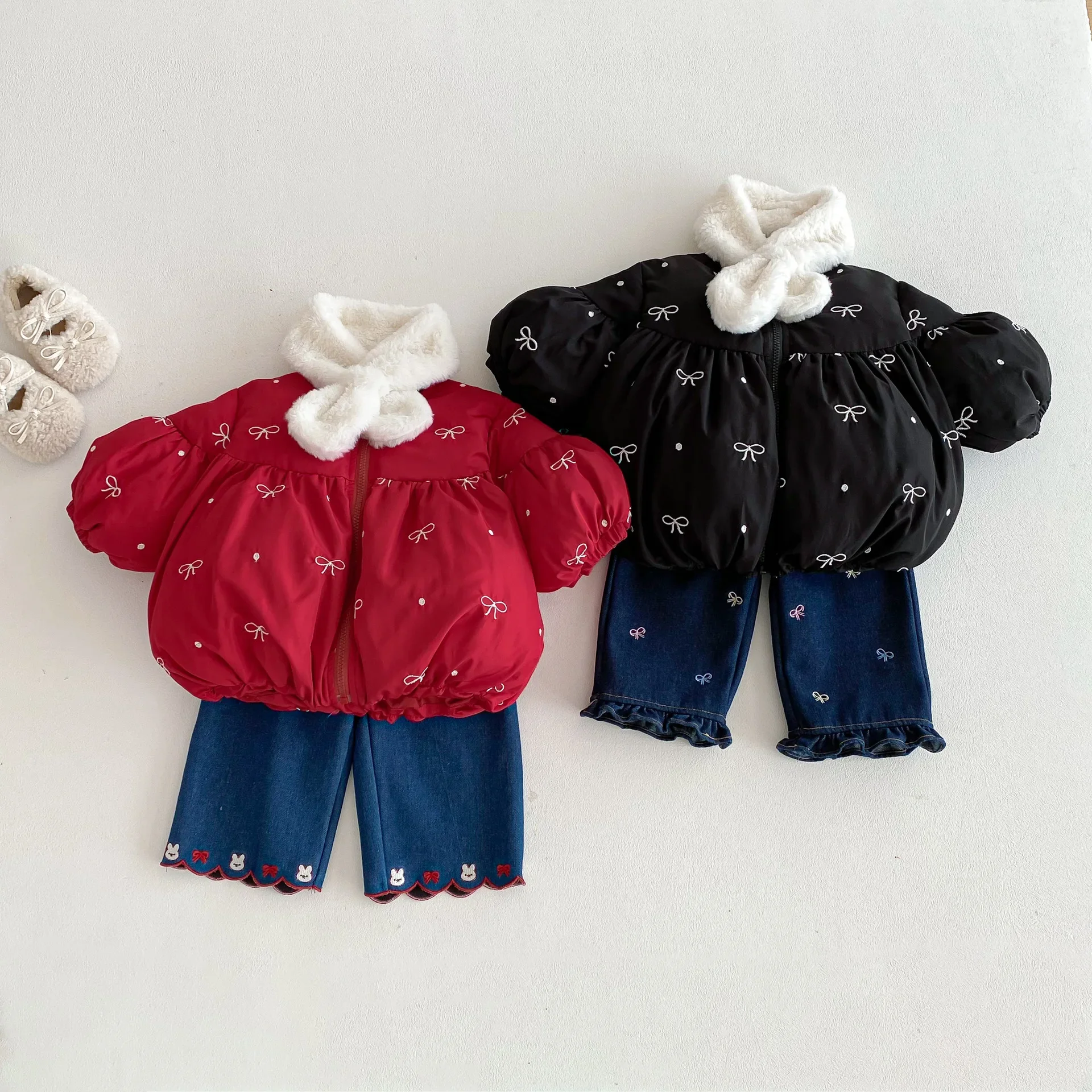 

2025 Kids Clothes Winter Girls Cotton Coat Bow Printed Toddler Jacket with Detachable Scarf Collar Warm Puffer Outerwear