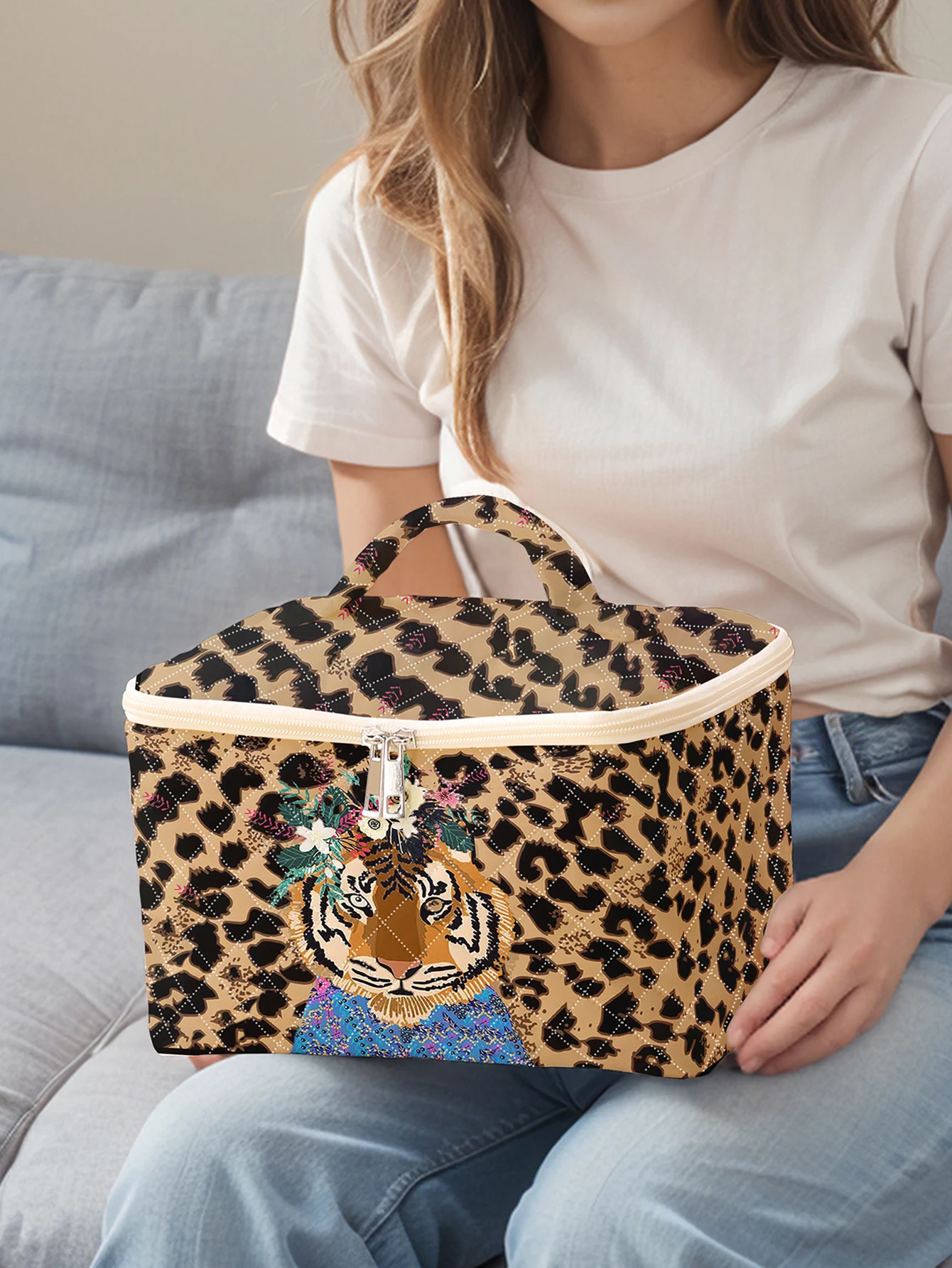 1 pezzo, cosmetici da viaggio portatili stampati con motivo tigre, borsa da viaggio di grande capacità, borsa per il trucco carina e alla moda