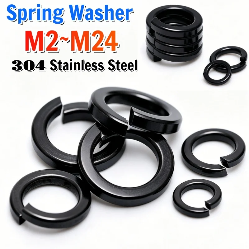 Black 304 Stainless Steel Spring Split Lock Washer M2 M3 M4 M5 M6 M8 M10 M12 M14 M16 M18 M20 M22 M24 Elastic Gasket Hardware