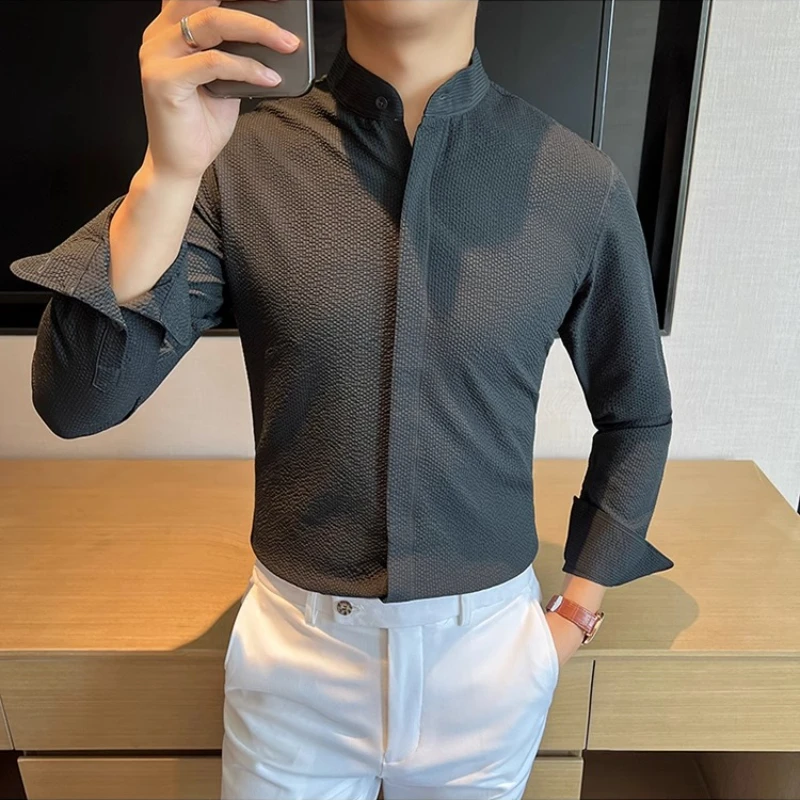 Chinesischen Stil Stehkragen Langarm-shirt Männer Sommer Atmungsaktive Schaum Gaze Casual Business Kleid Shirts Sozialen Büro Tops