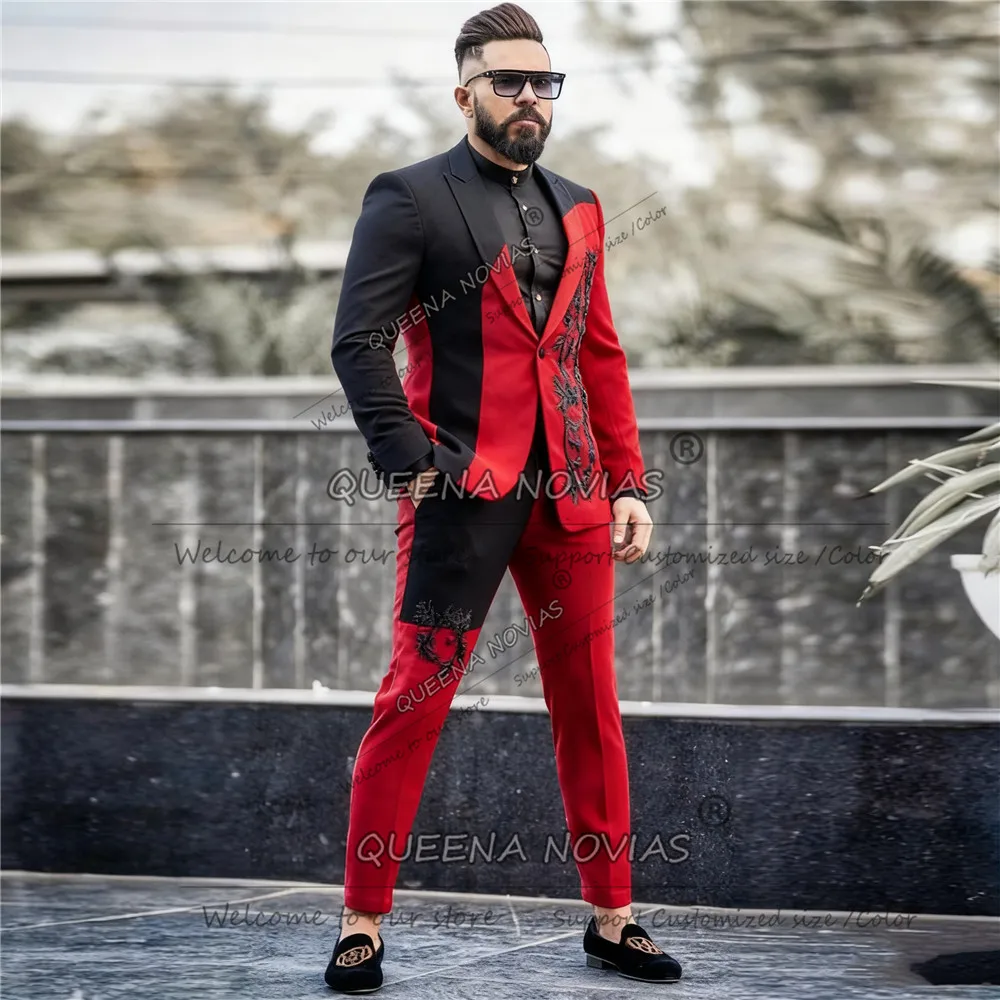 限定スプライス新郎ウェディングスーツ シングルブレストプロムブレザー ユニークデザイン 2ピースセット アップリケ メンズタキシード衣装