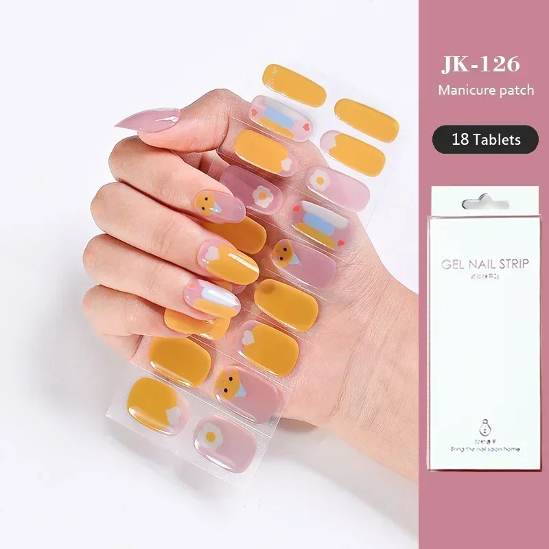 18+6Tips/Sheet Leopard Semi-Cured Gel Nail Patch Tulip Flower Adhesive Sliders Long Lasting Full Nail Stcikers UV Lamp Neede