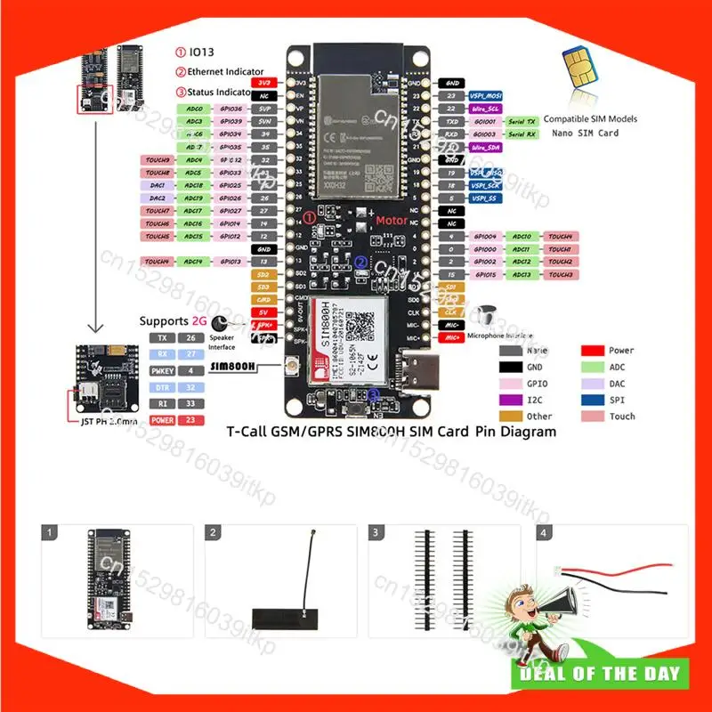 Moduł bezprzewodowy August SIM800H T-Call&PMU MCU32 z anteną GPRS SIM800H-4MB-Q336, łatwa instalacja, łatwy w użyciu.