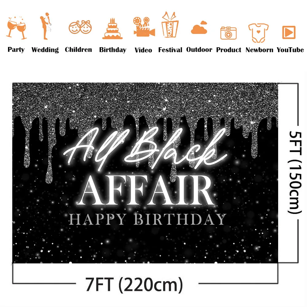 All Black Affair Happy Birthday Photo Background Sliver Gliter and Black Backdrop for Photo Studio Adult Theme Party Decoration