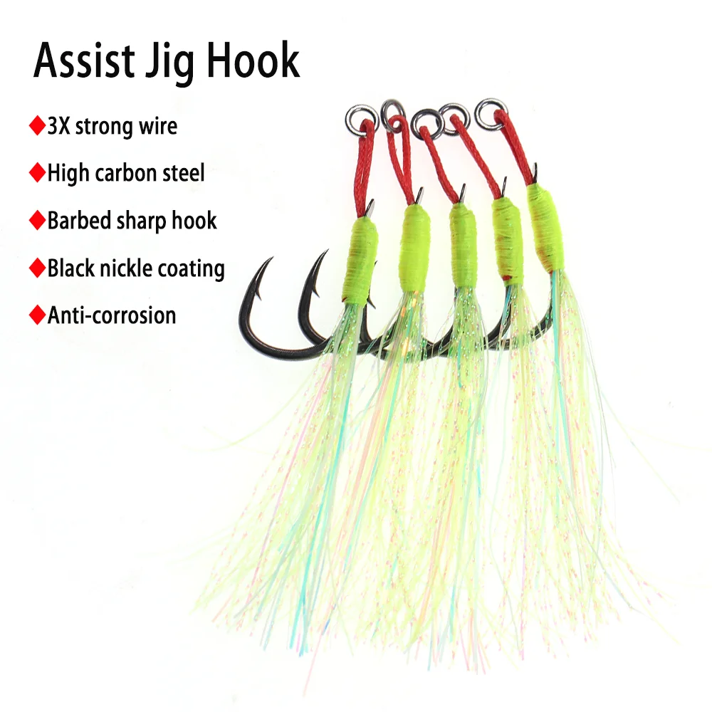 LIONRIVER 5pcs Metal Jig Tail Assist Hook Fishing Lure Slow Jigging Fishing Cast Barbed Single Hook PE Line Feather Solid Ring