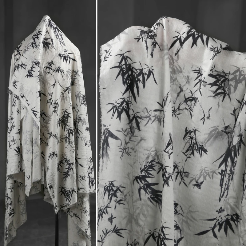 

Fabric Wide 145cmx50cm White Maple Bamboo Leaf Printed Cotton Soft Breathable National Style DIY Dress Cardigan Summer Clothing