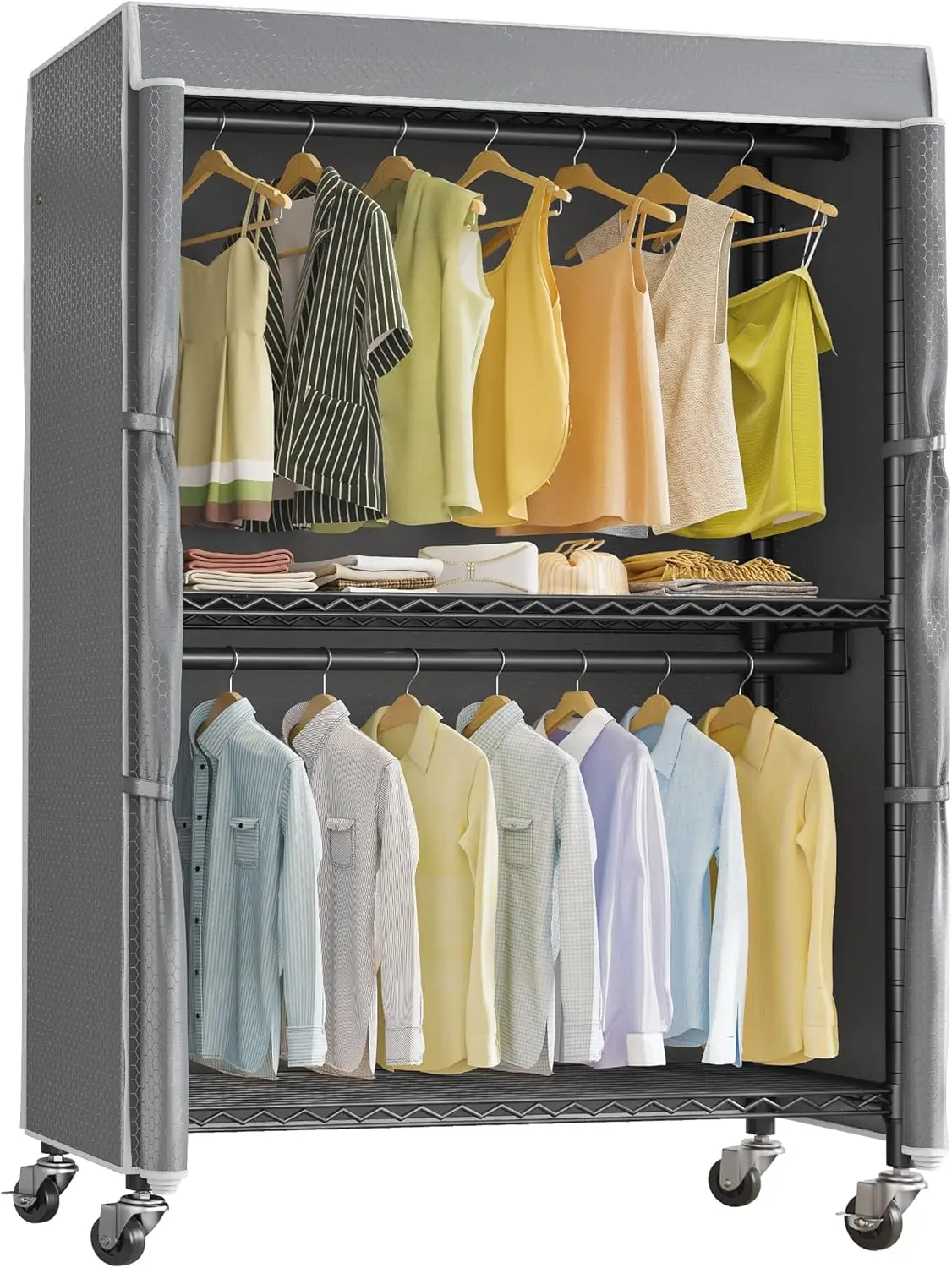 Rolling Garment Rack with Cover Clothing Rack for Hanging Clothes Portable Closets with Adjustable 3 Wire Shelving, Double Rods,