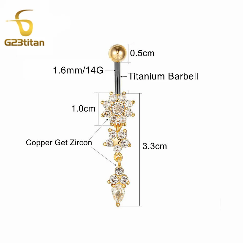G23titan Crystal Navel Nail Ring 14G Titanium Barbell Drop Flower Dangle Body Piercing Belly Button Rings Men Women Body Jewelry image 6