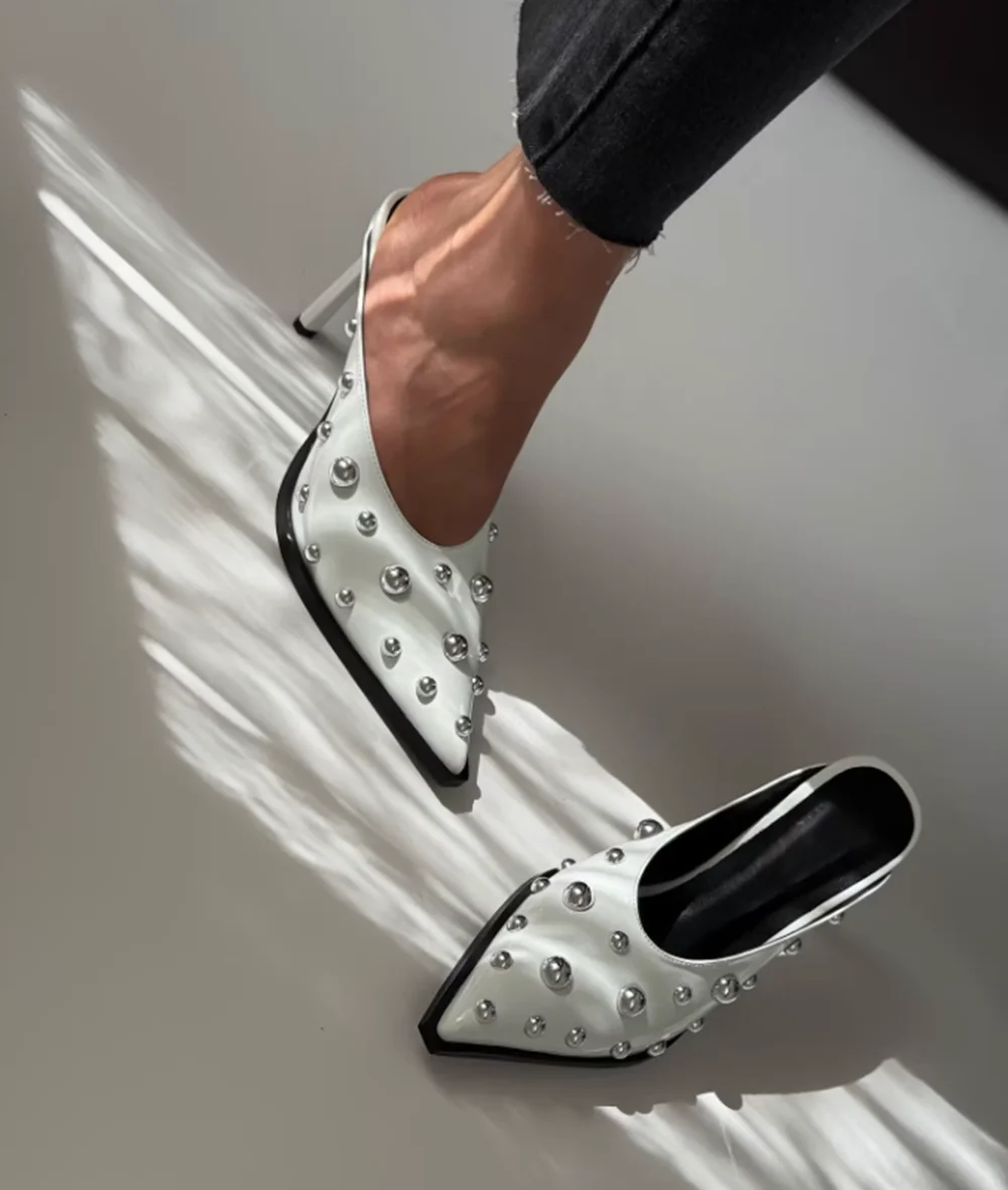 Women's Fashion High Heels Cool Leather Pointed-Toe Slingback Sandals New Round Silver Stud Embellishment Stiletto Heel