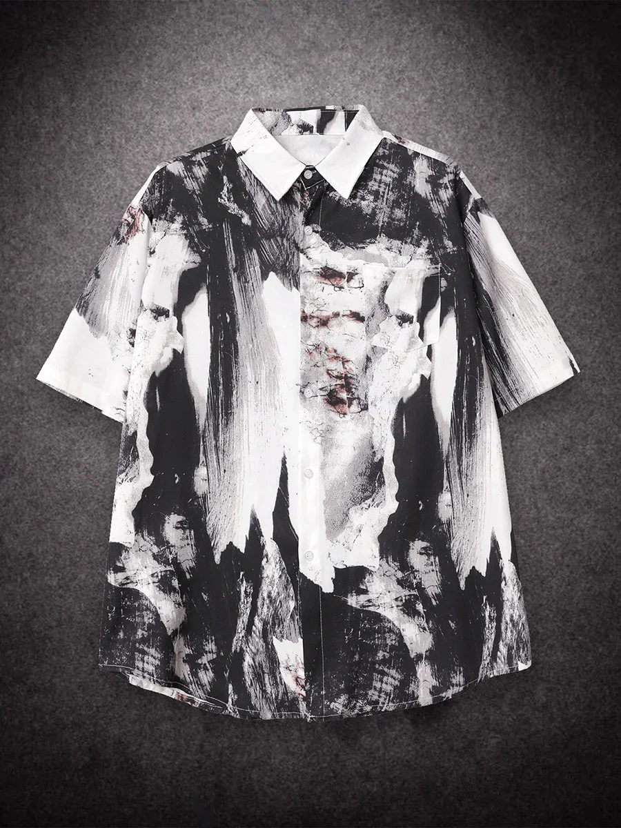 Oversized Loose Casual Tie Dye Printing Hawaii Short Shirt Man American Printing Summer Versatile Couple Men Streetwear